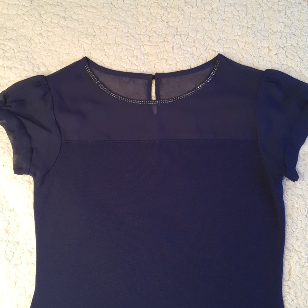 Blue Short Sleeve Top with Sheer Neckline